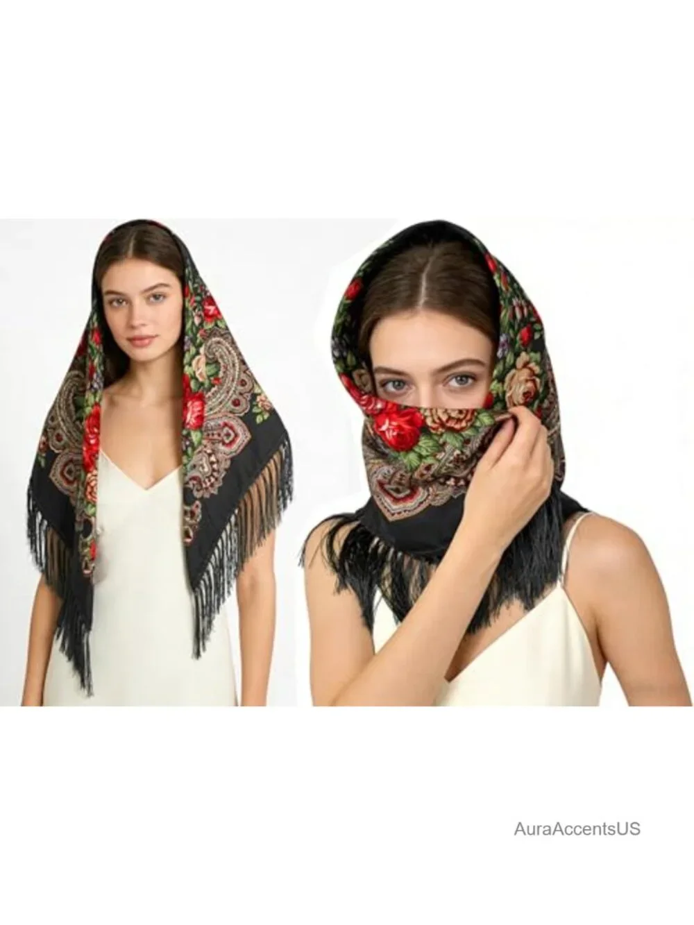 Traditional Folk Scarf Shawl Wrap with Tassel Fringe Lightweight Cotton Blend